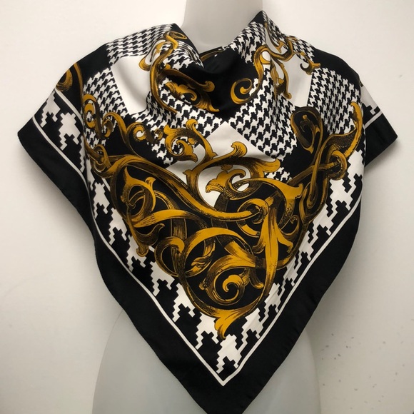 Fashionable Timeless Black White Gold Square Scarf Shawl. Made in Italy. VTG  EC - Picture 1 of 15